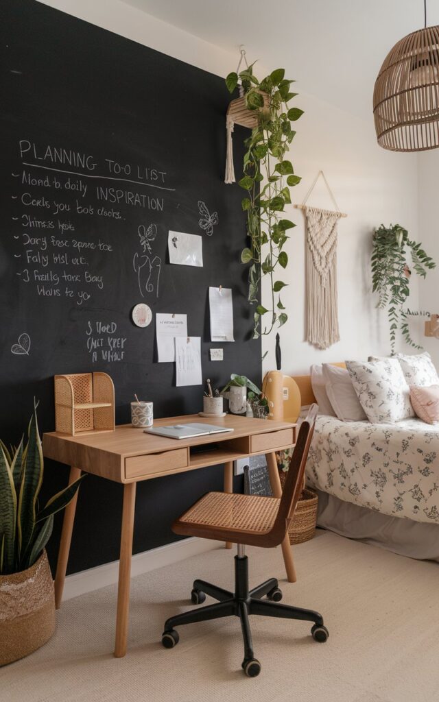 A cozy cottagecore + Balinese-inspired home office tucked into a bedroom corner. There's a matte black chalkboard wall used for planning and inspiration, with handwritten to-do lists, calming daily mantras, and whimsical doodles. A compact wooden desk with curved legs sits beneath, styled with a swivel armchair, rattan organizer, and ceramic cup. A bamboo pendant light casts a warm glow, while macramé wall hangings and trailing plants add texture. The bed in the background is dressed in floral linens, completing the soft, nature-filled ambiance. The space feels peaceful, personal, and thoughtfully organized.