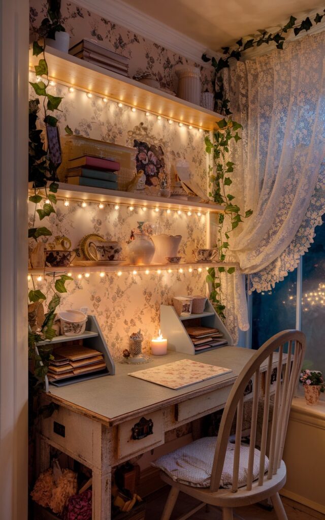 A cozy cottagecore home office with a vintage aesthetic. The room is lit with warm LED strip lights installed under open wooden shelves, casting a golden halo across the workspace. The room has a floral wallpaper, lace curtains, and a spindle-back chair. There's a rustic desk holding a floral notepad, desk organisers, and a softly flickering candle. The room also has vintage teacups, a stack of old journals, and trailing ivy plants. The room is tucked beside the dining area and is glowing softly at night. The ambient lighting highlights the details and creates a dreamy, storybook atmosphere, inviting quiet focus, reflection, and a gentle sense of enchantment.