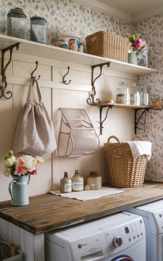 A photo of a cozy cottagecore laundry room filled with warm charm and everyday practicality. There's a vintage-style wooden counter with a whitewashed shelf supported by antique brass brackets. Three iron hooks hold a soft linen cloth bag, a floral mesh organizer, and a handwoven wicker basket. The room has floral wallpaper, open wooden shelves with apothecary jars, and a few fresh-cut flowers in a ceramic jug. A wicker laundry basket and vintage soap tins are also in the room. The room also has a dryer and washer.