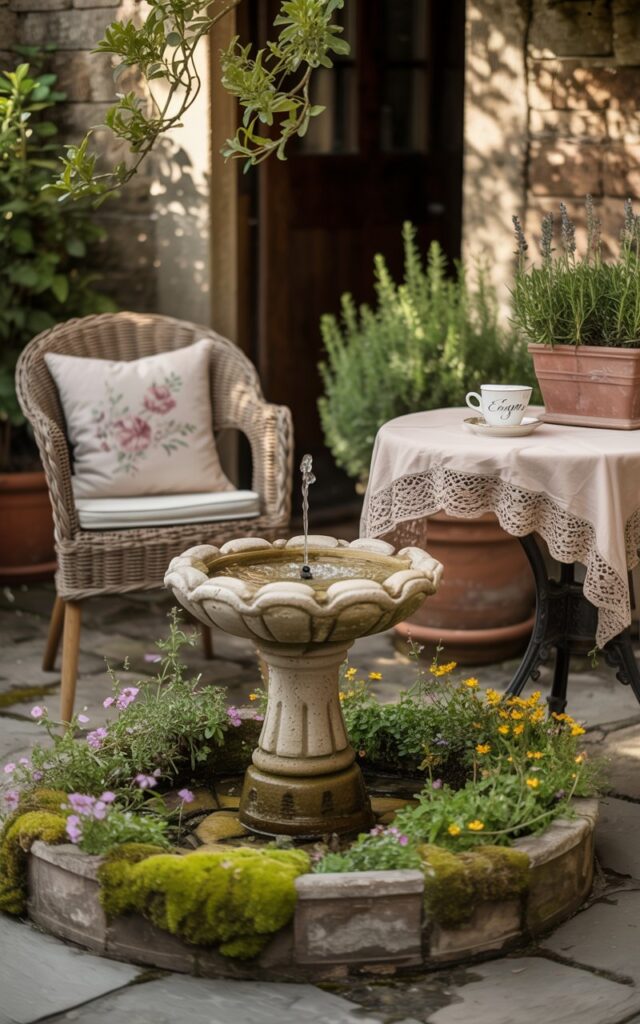 A photograph of a quaint stone cottage patio bathed in soft, golden light. At the patio's heart sits a small, weathered stone fountain, its water gently bubbling and scattering droplets across a bed of vibrant wildflowers and lush moss. Surrounding the fountain are two wicker chairs adorned with delicate floral cushions and a bistro table draped with a vintage lace cloth, upon which rests a teacup with "Earl Grey" written in script. Overhanging branches from nearby trees cast dappled shadows, while terracotta pots overflowing with rosemary and lavender complete the charming, storybook scene.