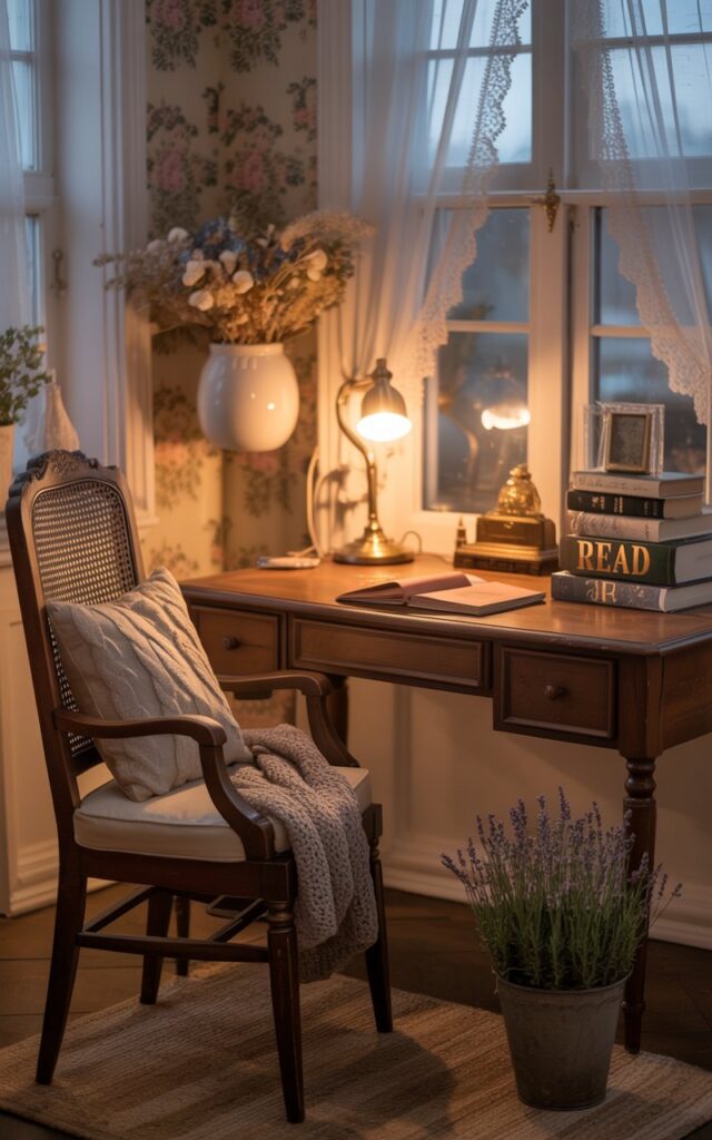A photograph of a cozy cottagecore-style home office bathed in the soft glow of a late evening. A vintage wooden desk sits near a window adorned with delicate lace curtains, holding an antique brass desk lamp and a stack of well-loved books with "READ" embossed in gold lettering on the spine. The desk is paired with a cushioned armchair draped in a chunky knitted throw, accented by a small potted lavender plant on a woven rug. Soft, warm lighting from the table lamp and overhead fixtures creates a serene ambiance, while floral wallpaper and dried flowers arranged in a ceramic vase add to the quaint countryside charm.