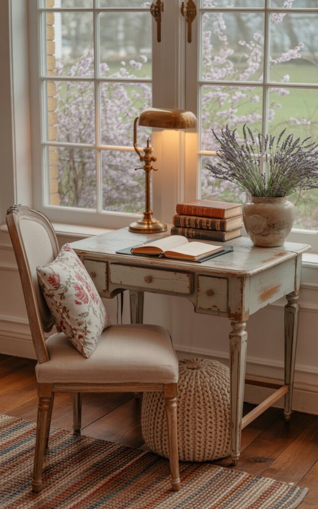 A photograph of a small, antique wooden desk bathed in warm, natural light, situated near a large window overlooking a blossoming garden. The desk has a distressed finish and is adorned with a vintage brass lamp and a stack of leather-bound books with gold-leaf lettering reading "The Secret Garden". A soft, cream-colored upholstered chair with floral cushions and a knitted footrest sits invitingly beside the desk, while a woven rug in muted earth tones lies beneath, adding a touch of rustic charm. Dried lavender sprigs in a ceramic vase sit on the desk, subtly filling the cozy space with a sense of tranquility.