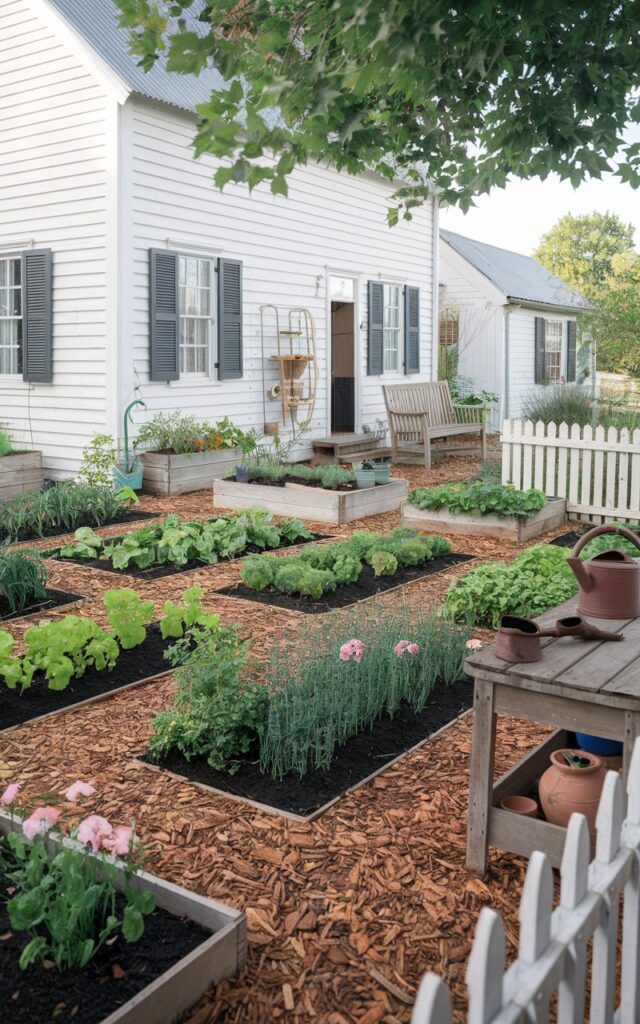 A photo of a cozy farmhouse with a white clapboard house. The backyard is filled with neatly mulched garden beds surrounding the perimeter of the house. The mulch is rich and dark, covering the soil beneath rows of vegetables, herbs, and cottage-style flowers. A white picket fence borders the space, and a weathered potting bench nearby holds tools and clay pots. Wooden raised beds, a vintage watering can, and a classic porch swing complete the charming, lived-in feel of the space. The scene is practical yet picturesque, perfect for relaxed country living.