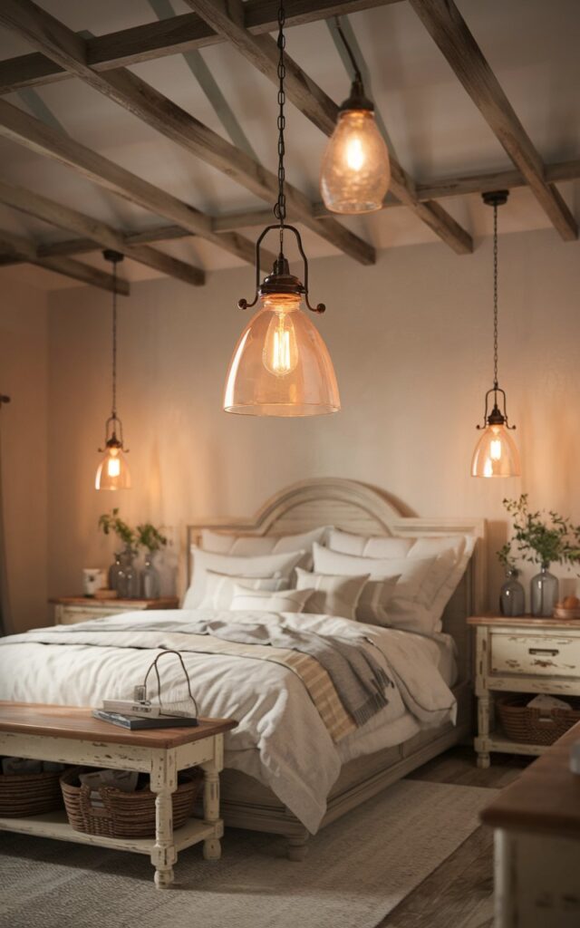 A cozy farmhouse-style bedroom with a warm, dreamy pendant light hanging from exposed wooden ceiling beams. The lighting fixtures have vintage-inspired glass shades with a soft amber glow, casting a gentle, inviting ambiance. The room includes a rustic wooden bed with white linen bedding, a distressed wooden nightstand, and vintage decor accents like mason jars and woven baskets. Neutral tones with touches of greenery complete the space, emphasizing comfort and farmhouse charm under the soft pendant light.
