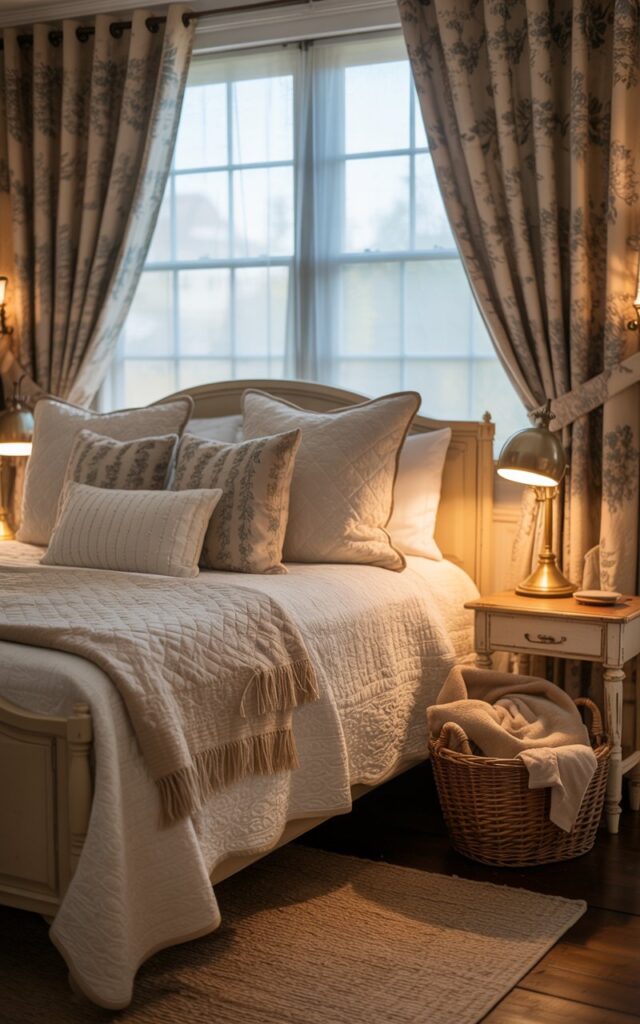 A photograph of a cozy farmhouse bedroom centered around a queen-sized bed dressed in layers of cream-colored quilts and plush, patterned pillows. The bed is positioned directly beneath a window draped with heavy, textured curtains featuring a muted floral pattern, fully drawn to softly diffuse the morning light and create a sense of privacy. A rustic wooden nightstand with a vintage brass lamp sits beside the bed, and a woven basket filled with cozy blankets rests at the foot of the bed. The warm, ambient lighting casts a gentle glow over the scene, creating a refreshed and tranquil atmosphere.