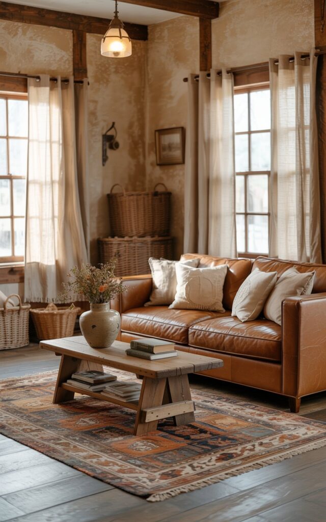 A photograph of a cozy farmhouse-style living room centered around a rich brown leather couch. The couch is positioned facing a large window and is adorned with several soft throw pillows in muted cream and beige tones, resting on a large Morocco-patterned rug with warm earth tones. Across from the couch, a reclaimed wood coffee table holds a stack of books and a ceramic vase with dried flowers, while woven baskets sit neatly against the distressed beige walls lined with rustic wooden beams. Soft, natural light filters through linen curtains, illuminating the vintage farmhouse decor and pendant light hanging from the ceiling, creating a warm and inviting atmosphere.