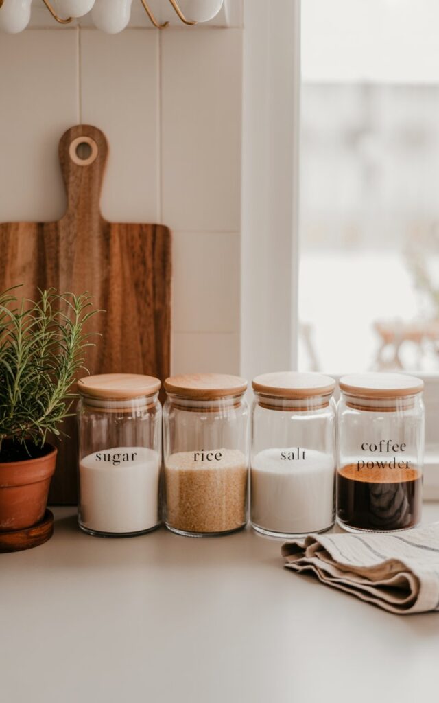 A photograph of a warm, inviting kitchen counter featuring four glass jars neatly arranged side by side. Each jar has a simple handwritten label, reading “Sugar”, “Rice”, “Salt”, and "coffee powder", with clear glass bodies and natural wooden lids that complement the rustic modern style. A weathered wooden cutting board sits to the left, adorned with a small terracotta pot of fresh rosemary, while a folded linen tea towel rests gently on the right. Soft, diffused natural light streams in from a nearby window, illuminating the scene and creating a cozy, homely atmosphere.