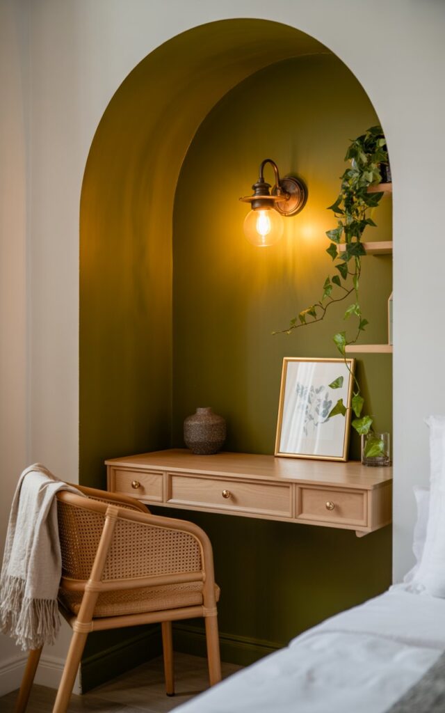 A photograph of a cozy home office nook, bathed in the warm glow of a vintage-style sconce. The focal point is a slim, light wood desk with elegant brass knobs, positioned against a striking deep olive green accent wall. A comfortable rattan chair with a soft cotton throw is pulled up to the desk, while a framed botanical print and a trailing ivy plant add a touch of natural beauty. Soft white walls and gentle lighting create a seamless transition from the adjacent bedroom, establishing a peaceful and inviting workspace.