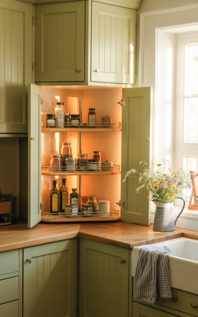 A photograph of a cozy modern cottagecore kitchen centered around an open corner cabinet showcasing a 2-tier Lazy Susan. The Lazy Susan is filled with neatly arranged amber glass jars of spices, olive oil bottles, and small ceramic containers, all subtly illuminated by the cabinet's interior light. The cabinet itself is painted a soft sage green with brass hardware and sits against a backdrop of cream-colored pastel cabinetry and a natural wood countertop, where a small bouquet of wildflowers in a blue and white gingham pitcher rests. Warm sunlight streams through a nearby window, casting a gentle glow over the scene, highlighting the gingham fabric draped across a nearby chair.