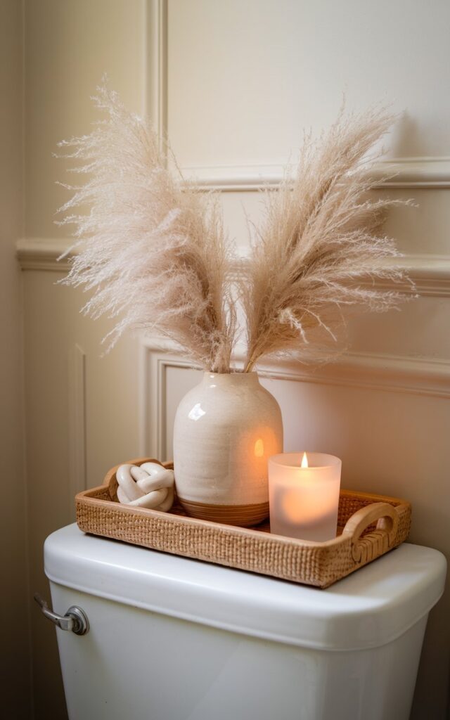 A photo of a cozy, styled toilet corner in a soft neutral-toned bathroom. A decorative tray is placed atop the toilet tank, holding a beige ceramic vase filled with soft, feathery pampas grass, a softly glowing scented candle in a frosted glass jar, and a small sculptural decor piece—like a carved stone knot or a vintage trinket. The tray is woven or wooden, adding texture and warmth. Set against a pale beige or ivory wall with subtle panel molding, the arrangement feels intentional and serene—turning even the simplest spot into a charming, styled moment.