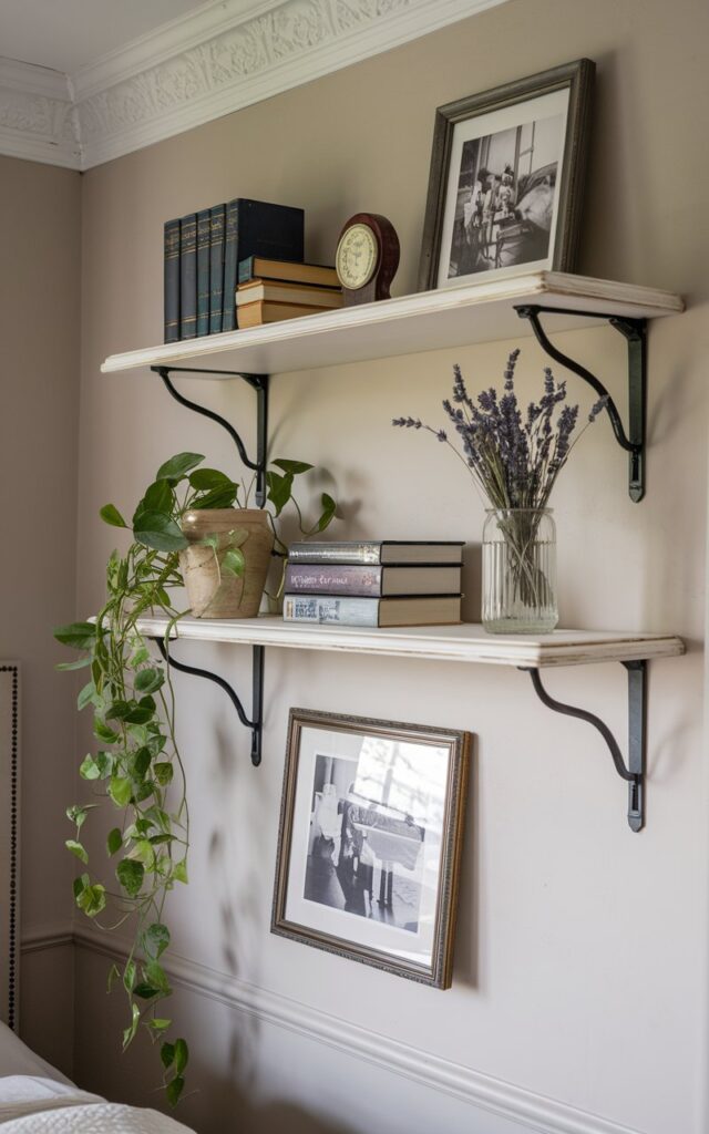A photo of a cozy, vintage-meets-transitional bedroom with a neutral color palette and elegant moldings. Above the bed or beside it, two to three wooden floating shelves are mounted on the wall in an antique white finish with black brackets. The shelves are styled with a thoughtful mix of items: a few hardbound classic novels, a trailing pothos plant in a ceramic pot, and a petite glass vase holding dried lavender or fresh wildflowers. Framed black-and-white photos and a vintage clock add charm. The overall look is curated but relaxed, blending timeless warmth with a clean, updated layout. Natural light is soft, ambient.