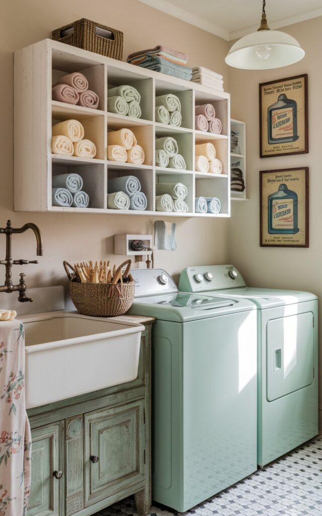 A photo of a cozy, vintage-style laundry room bathed in soft natural light. The room features a white-washed wooden cubby shelf mounted on the wall, each cubby neatly filled with rolled-up cleaning cloths in muted tones—cream, sage green, and dusty blue. The room includes classic essentials: a top-load washer and front-load dryer in retro pastel mint, an antique brass faucet over a deep farmhouse sink, and distressed wooden cabinetry with ceramic knobs. A woven basket filled with clothespins sits atop a floral-printed ironing board. The floor has black-and-white checkerboard tiles, and vintage wall art with old detergent ads completes the charming, nostalgic look.