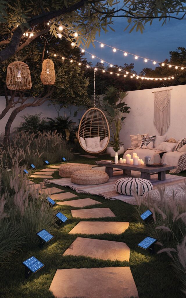 A dreamy Boho backyard at night, softly illuminated by solar lights tucked along a winding garden path made of natural stone. The lights cast a warm golden glow, guiding the way through lush plants and textured grasses. Woven lanterns hang from tree branches, and string lights crisscross above a low-slung seating area filled with layered rugs, floor cushions, and poufs. A rattan egg chair swings gently near a macramé wall hanging, while candles flicker on a rustic wooden coffee table. The atmosphere is magical, cozy, and effortlessly free-spirited.