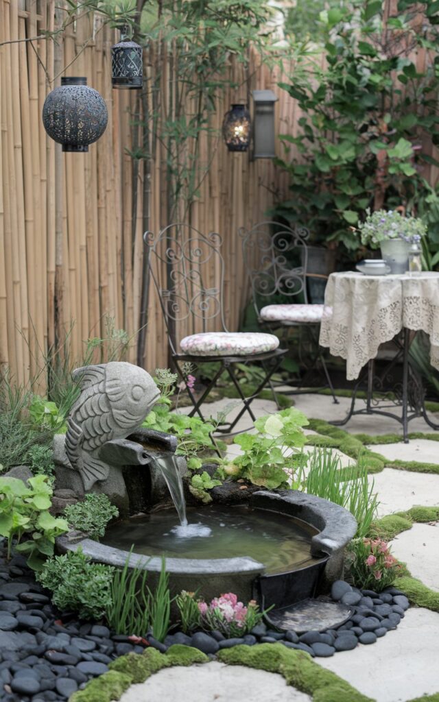 A photo of a serene backyard with a Zen calm and whimsical Cottagecore flair. There's a small bubbling water feature with a carved stone fish sculpture, flowing gently into a shallow basin surrounded by moss and flowering herbs. The basin is nestled among smooth black pebbles and lush greenery. A bamboo fence and hanging lanterns add a Zen serenity. Nearby, vintage metal chairs with floral cushions and a lace-draped bistro table evoke cottage romance. The entire backyard is a serene, storybook sanctuary, both meditative and magical.