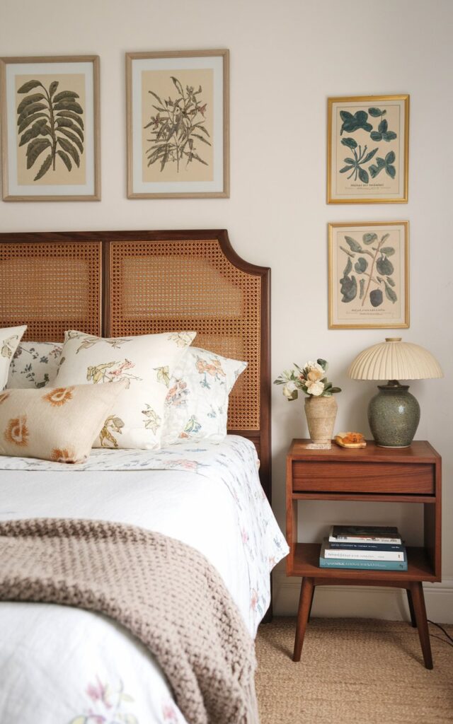 A photo of a dreamy bedroom that blends cottagecore charm with mid-century modern simplicity. The bed features a custom-built headboard made from natural cane panels framed in warm walnut. The woven texture of the cane adds an airy, handcrafted feel, balancing the clean lines of mid-century furniture. The space is styled with floral-print linens, a knitted throw, and vintage botanical prints on the wall. Nearby, a tapered-leg nightstand holds a ceramic lamp and a stack of books. The cane headboard becomes the gentle focal point—nostalgic, earthy, and totally stylish.