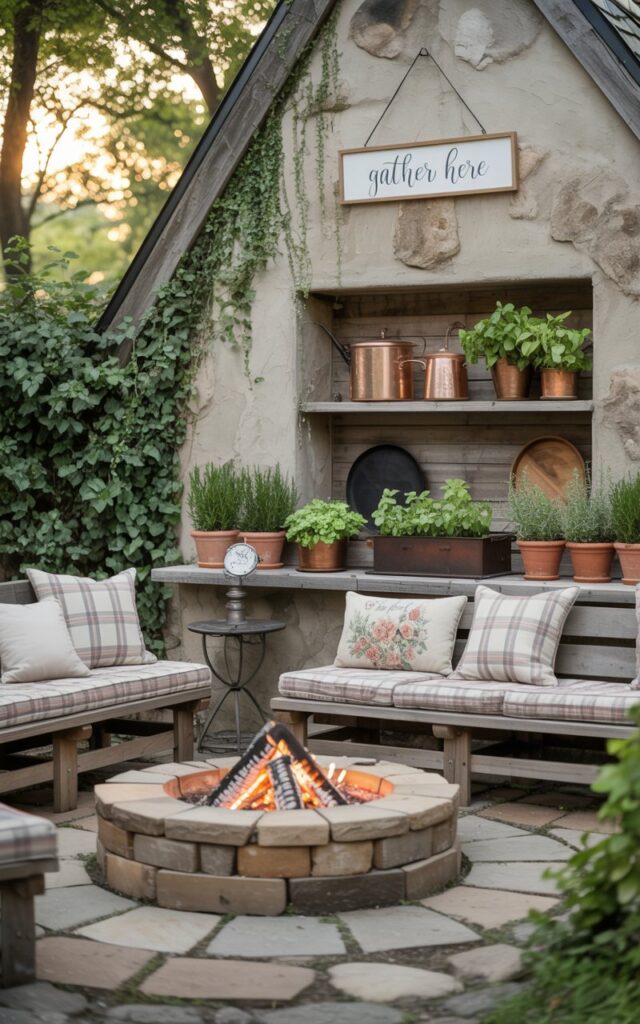 A photograph of a cozy outdoor patio designed in a cottagecore and farmhouse style, with a natural stone fire pit as the central focal point. The fire pit glows with warm embers, encircled by three rustic wooden benches adorned with plaid and floral cushions, inviting relaxed conversation. Behind the benches, a charming cooking area features open shelving displaying vintage-inspired copper cookware and terracotta pots filled with thriving herbs like rosemary and basil, while climbing ivy gently trails up a weathered stone wall. Soft, diffused sunlight filters through the trees, casting a tranquil ambiance and highlighting the "Gather Here" sign hanging above the patio entrance.