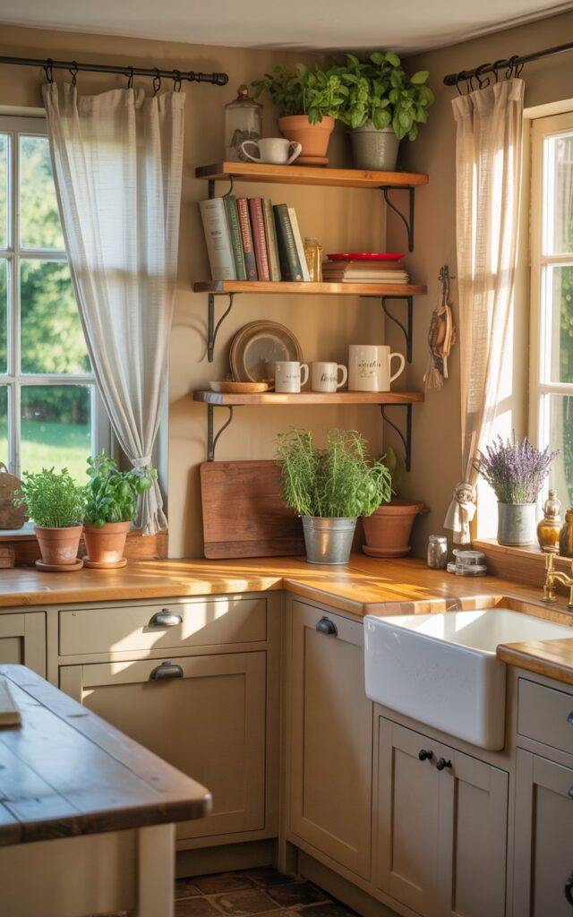 A photograph of a fully furnished farmhouse kitchen bathed in warm natural light. The room centers on a view of shaker-style cabinetry, a farmhouse sink, and wooden countertops accented by vintage-inspired hardware. In an unused corner, floating wooden shelves display a curated collection of cookbooks, potted herbs like rosemary and basil, and rustic decorative items including ceramic mugs and small jars filled with dried lavender. Soft, curtained windows frame the view of a lush green garden beyond, completing the cozy and functional farmhouse charm of the space.