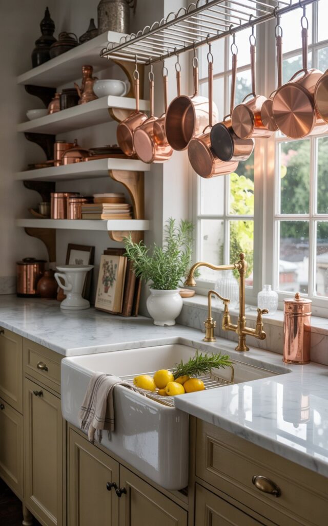 A photograph of a modern glam kitchen seamlessly blending countryside charm with luxurious design. The central focus is a gleaming white farmhouse sink filled with fresh lemons and rosemary sprigs, set against a backdrop of creamy marble countertops and brushed brass fixtures. Above the sink, a ceiling rack holds an array of copper pots and pans, creating a visually appealing display while maximizing space, while open shelves showcase a collection of vintage ceramics and cookbooks. Soft natural light streams in through a large window, highlighting the interplay of textures and creating a warm, inviting atmosphere.