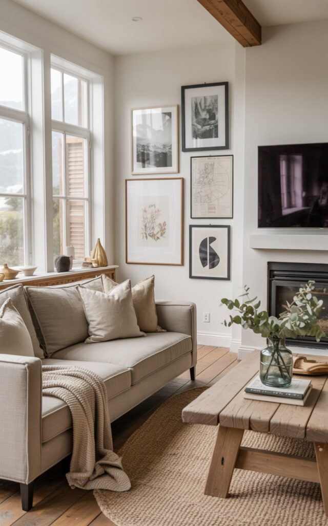 A photograph of a bright and airy living room blending Alpine chic and California coastal aesthetics. A plush, dove-grey sofa sits center stage, adorned with linen cushions in soft beige and cream tones, with a chunky knit throw draped casually over the arm. Behind the sofa, a curated gallery wall displays five framed artworks – a black and white landscape, an abstract watercolor, a botanical print, a vintage map and a modern geometric design, all mounted at eye level. Large windows flood the space with natural light, illuminating the natural wood floors, a rustic coffee table with a vase of eucalyptus, and a sleek, flat-screen television mounted above a modern fireplace.