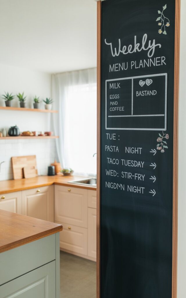 A photograph of a bright, modern kitchen designed in an Asia Zen and Japandi style. A sleek chalkboard wall dominates one side, divided into two sections; the left displaying a grocery list reading "milk eggs bread and coffee" while the right features a "weekly menu planner - Mon: Pasta Night 🍝 Tue: Taco Tuesday 🌮 Wed: Stir-Fry Night 🥦" in neat, minimalist handwriting accompanied by small, charming doodles. The kitchen showcases light wood cabinetry, a warm-toned wooden countertop, and open shelves adorned with small potted succulents, creating a sense of calm functionality. Soft, diffused natural light filters through a large window, gently illuminating the organized space and highlighting the interplay of textures and clean lines.