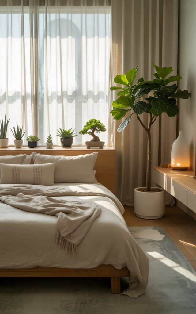 A photograph of a serene bedroom showcasing a minimalist Asia Zen and Scandinavian design. A plush king-sized bed with a linen duvet and several patterned pillows sits centered in the room, facing a large window with sheer white curtains filtering soft sunlight.  On the window sill sits a collection of potted succulents and a small bonsai tree, while a fiddle-leaf fig stands elegantly in the corner near a sleek wooden vanity holding a ceramic diffuser releasing a calming aroma. The room’s muted color palette of cream, light gray, and natural wood tones contributes to a tranquil and refreshing ambiance, bathed in the warm glow of the afternoon light.