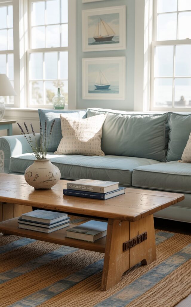A photograph of a plush, light blue velvet sofa in a sun-drenched California coastal living room. The sofa is adorned with several textured cushions in varying shades of blue and cream, facing a large woven jute rug with a subtle nautical pattern. A vintage Americana-style wooden coffee table sits in front of the sofa, displaying a ceramic vase holding a few sprigs of dried lavender and a stack of books with spines reading "Seaside Stories," while large windows allow soft, natural light to fill the room.  Subtle coastal art depicting sailboats hangs on the pale blue walls, creating a serene and inviting atmosphere.