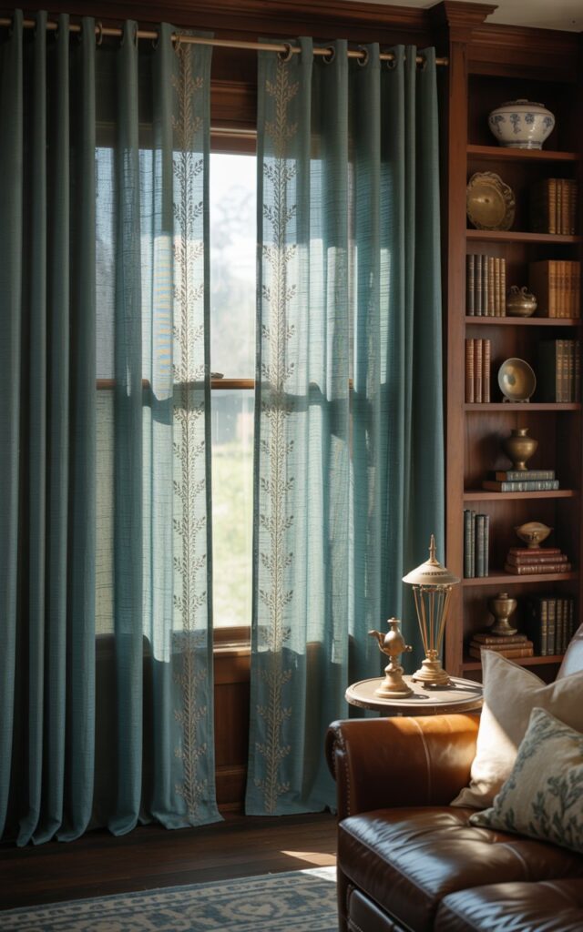 A photograph of exquisitely embroidered textured curtains dominating a richly furnished Craftsman-style living room. The curtains, a deep teal color, are made of heavy linen fabric with a subtle damask pattern and delicate floral stitching that frames a large window. Soft, diffused sunlight streams through the curtains, illuminating a plush, dark brown leather couch below, accented by ivory throw pillows and a vintage brass table lamp on a nearby wooden side table. A tall, built-in bookshelf filled with antique books and ceramic accents adds a layer of warmth and elegance to the background, creating a sense of timeless comfort and refined taste.