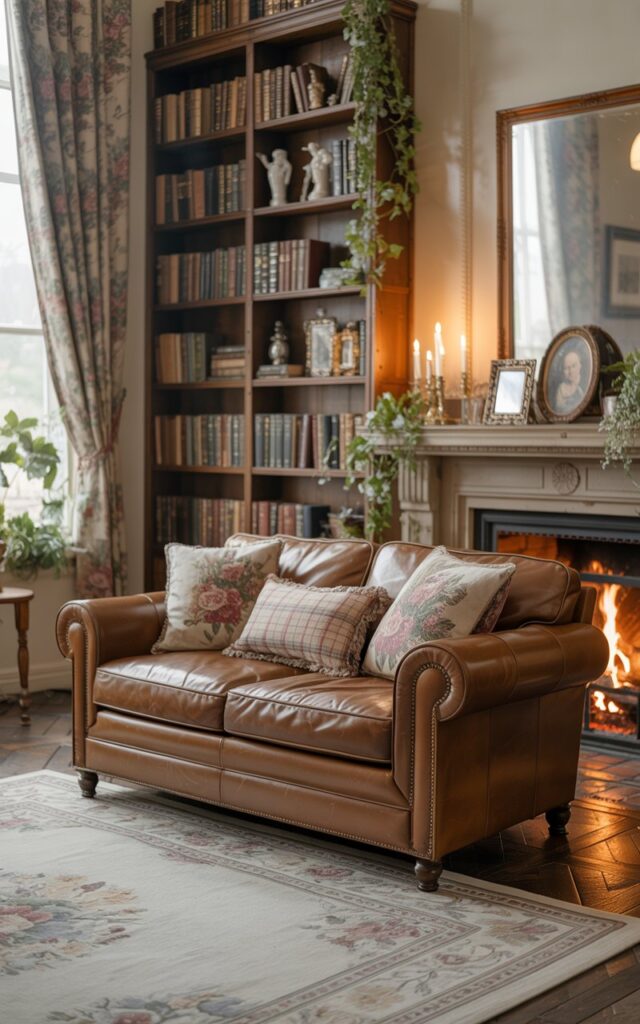 A photograph of a classic brown leather arm roll couch as the focal point in a cozy English countryside living room. The couch is positioned center-frame, adorned with plush floral and plaid throw pillows and a soft, cream-colored area rug with a subtle Persian pattern underneath. Flanking the couch is a tall, dark wood bookshelf overflowing with aged hardcover books, antique porcelain figurines, and trailing ivy plants, while a crackling fire glows warmly in a stone fireplace topped with vintage silver picture frames and flickering candles. Soft, diffused sunlight streams through large floral-patterned drapes, illuminating the room and creating a sense of quiet warmth and inviting tranquility.