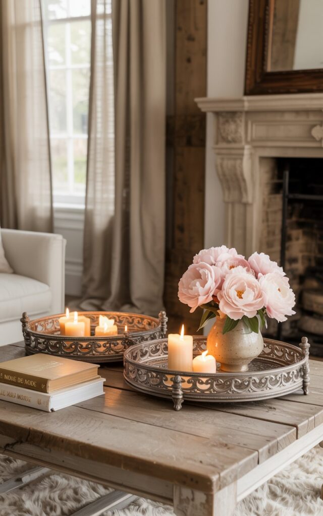 A photograph showcases two ornate, silver designer trays arranged on a weathered wooden coffee table within a beautifully furnished French country living room. The trays are meticulously styled with a collection of flickering beeswax candles, a small ceramic vase holding a cluster of blush-colored peonies, and a neatly stacked pile of vintage books with embossed gold lettering—specifically “"Le Monde de la Mode"”. Soft morning light streams through sheer linen curtains, illuminating the room’s rustic wooden beams, a distressed mirror above a stone fireplace, and a plush, cream-colored area rug, creating a warm and inviting atmosphere.