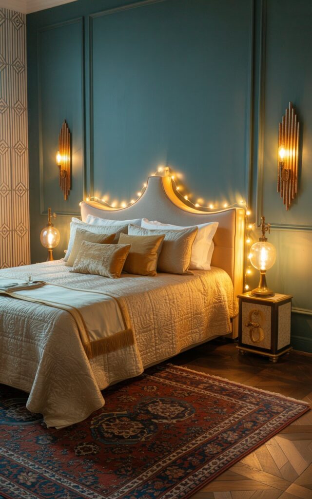 A photograph of a queen-sized bed meticulously arranged within a fully furnished art deco bedroom bathed in soft, layered light. The bed is adorned with luxurious textured linens in cream and gold, complemented by a scattering of plush velvet pillows, while a vintage brass table lamp with a warm-toned bulb sits on a nearby nightstand. Hand-painted wall sconces cast a golden glow on either side of the bed, with amber-hued string lights draped artfully above the headboard. The walls are a deep teal, accented by geometric patterned wallpaper, and a rich Persian rug anchors the scene, completing the refreshed, warm, and stylish nighttime atmosphere.