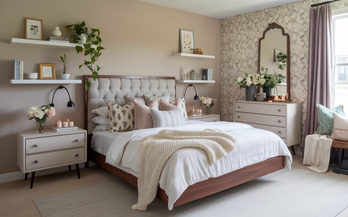 A fully furnished bedroom that seamlessly blends the clean lines of mid-century design with the soft romance of French country modern. A photo of a fully furnished bedroom that seamlessly blends the clean lines of mid-century design with the soft romance of French country modern. The bed features a tufted linen headboard framed by warm walnut wood, layered with a mix of crisp white sheets, patterned pillows, and a draped knitted throw. On each side, vintage-inspired nightstands with tapered legs are topped with modern sconces and small vases of fresh blooms. One wall showcases muted floral peel-and-stick wallpaper as a feature, while the others are painted in calming earthy neutrals. A vintage mirror with gentle patina hangs above a low dresser styled with ceramic trays, candles, and books. Floating shelves hold tiny framed art, a trailing plant, and meaningful keepsakes. A cozy reading nook by the window includes a cane-back chair, a plaid throw, and a small floor lamp. Beneath the bed, 2 woven baskets tuck in effortlessly for extra storage, and twin rugs on either side add balance and texture. The lighting is warm and layered — pendant lights above, soft sconces at the sides — making the space feel lived-in yet styled. It’s cozy, curated, and quietly elegant — a bedroom that actually works, every day. Natural light is soft, ambient.