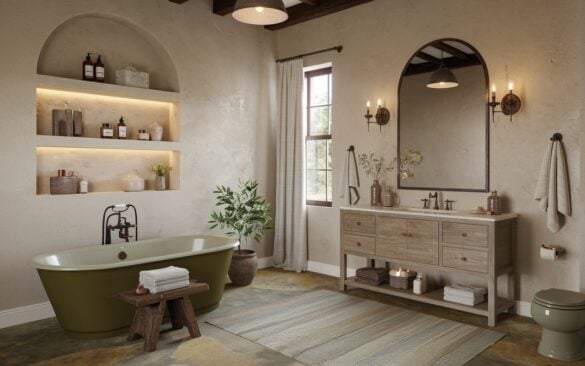 A photo of a European and rustic blend style beige bathroom. The walls have a popcorn texture, and the floor is made of natural stone in warm taupe. The bathroom is clutter-free and thoughtfully decorated. There is a classic olive green freestanding tub beside a vintage wood stool holding folded linen towels and a ceramic candle holder. A rustic oak vanity with aged brass hardware sits below a large arched mirror, flanked by traditional sconces (Warm light on). Open shelves display neatly arranged skincare and neutral-toned jars. A touch of greenery comes from potted olive and ivy plants. The bathroom also has a toilet, contrasting patterned floor rug, curtained window, ceiling hanging pendant light, etc. Natural light is soft, but interior lighting lights up the space.