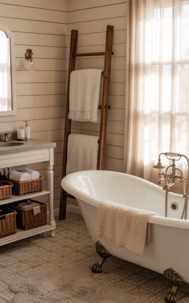 A photograph of a bright and airy farmhouse bathroom bathed in soft morning light. A gleaming white clawfoot bathtub takes center stage, its curved silhouette contrasting with the clean lines of a vintage-style vanity holding a stone sink and brushed brass faucet. Leaning against the shiplap wall is a rustic wooden towel ladder displaying two fluffy white towels, while woven baskets beneath the vanity hold rolled towels and toiletries. The room features a patterned tile floor, a plush area rug, and a curtained window filtering in a warm glow, completing the cozy, welcoming atmosphere.