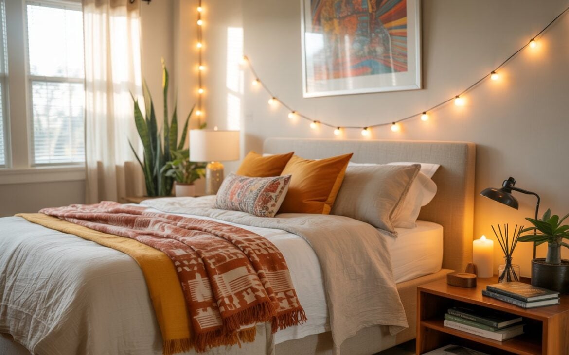 A photograph of a cozy mid-century modern bedroom nestled within a fully furnished farmhouse. The focal point is a king-sized bed draped with layered lightweight linen sheets in cream and white, accented by a patterned throw blanket in burnt orange and mustard yellow, and several colorful cushions arranged artfully. Above the bed hangs a vibrant abstract artwork, illuminated by a string of warm-toned fairy lights strung along the wall, while light-filtering curtains soften the natural light streaming in. A bedside table holds a lit candle, a sleek diffuser, a stack of well-loved books, and a small potted plant, completing the serene and stylish atmosphere.