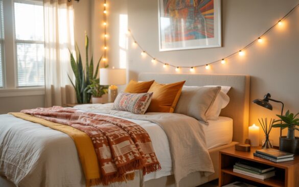 A fully furnished farmhouse + mid-century modern bedroom. Cozy bed with layered lightweight linens, patterned throw blankets, and colorful cushions. A photograph of a cozy mid-century modern bedroom nestled within a fully furnished farmhouse. The focal point is a king-sized bed draped with layered lightweight linen sheets in cream and white, accented by a patterned throw blanket in burnt orange and mustard yellow, and several colorful cushions arranged artfully. Above the bed hangs a vibrant abstract artwork, illuminated by a string of warm-toned fairy lights strung along the wall, while light-filtering curtains soften the natural light streaming in. A bedside table holds a lit candle, a sleek diffuser, a stack of well-loved books, and a small potted plant, completing the serene and stylish atmosphere.