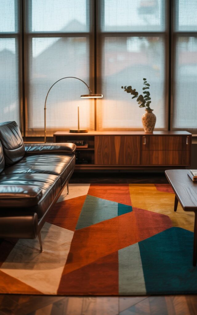 A photograph of a meticulously designed mid-century modern living room centered around a sleek, dark brown leather couch. The couch sits elegantly atop a vibrant geometric area rug featuring shades of burnt orange, teal, and mustard yellow, visually anchoring the seating arrangement. A low, walnut-veneer TV console with brass hardware sits opposite the couch, subtly illuminated by a warm arc floor lamp; on the console a vintage ceramic vase holds a single sprig of eucalyptus. Large windows with sheer linen drapes flood the room with soft, diffused light, highlighting the rich wood flooring and showcasing the room's cohesive blend of modern functionality and retro charm.