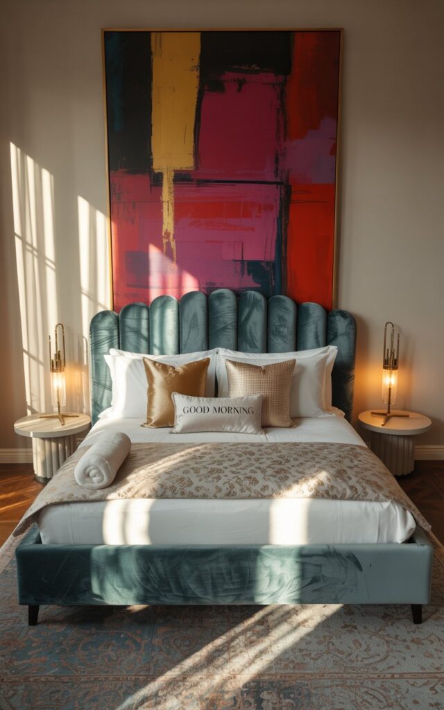 A photograph of a luxurious art deco bedroom centered around a king-sized bed with a plush velvet headboard in a deep teal color. The bed is adorned with crisp white linens, textured throw pillows in shades of gold and cream, and a delicate patterned duvet, with a single "GOOD MORNING" pillow. Above the headboard hangs a striking, large-scale abstract painting with bold strokes of crimson, gold, and black, while geometric side tables with brass accents flank the bed, illuminated by sleek art deco sconces. Soft, diffused light filters through sheer curtains, casting a warm glow across the room's polished hardwood floors and a patterned area rug, creating a space that feels both sophisticated and inviting.