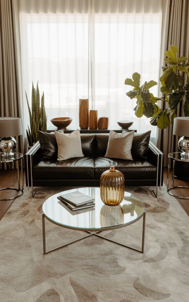 A photograph of a sleek black leather couch as the centerpiece of a modern glam and alpine chic living room. The couch is positioned centrally in the frame, facing a large window, and is accented by two matching chrome side tables holding metallic lamps. A plush, cream-colored area rug with a subtle shimmer anchors the seating area, complemented by a glass and gold coffee table adorned with a stack of design magazines. Soft drapes filter natural light, while tall fiddle-leaf fig plants and wooden decorative bowls add warmth and texture to the space, creating a harmonious blend of luxury and rustic charm.
