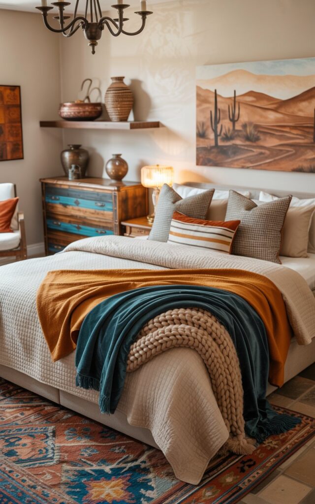 A photograph of a luxurious southwestern-style bedroom centered on a king-sized bed adorned with layered throw blankets. The bed features a textured cream-colored duvet layered with a burnt orange wool throw, a deep teal velvet throw, and a chunky knit blanket in a neutral beige, all artfully draped at the foot.  The room is softly lit by a wrought-iron chandelier overhead, highlighting a rustic wooden dresser with turquoise accents, patterned pillows on the bed, and a vibrant woven rug.  A textured clay wall art piece depicting a desert landscape adds warmth to the space, while shelves hold carefully selected pottery and woven baskets, evoking a sense of calm and refined elegance.
