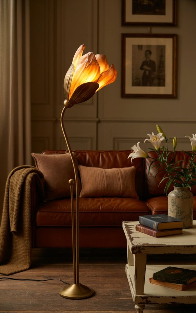 A photograph capturing a tall, antique brass floor lamp shaped like a blossoming flower as the primary focus. The lamp stands elegantly beside a rich brown leather couch, its petals emitting a warm, amber glow that illuminates the surrounding vintage-style living room. The couch is adorned with soft, muted throw pillows and a cozy knit blanket, while a distressed wooden coffee table displays vintage books and a ceramic vase holding fresh lilies. Aged wood flooring and walls featuring framed classic artwork create a nostalgic ambiance, softly lit by the lamp's gentle radiance.