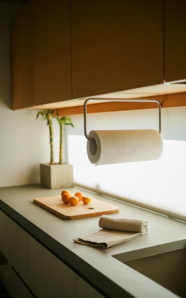A photograph of a meticulously organized Asian Zen kitchen countertop, with a focus on a minimalist stainless steel paper towel holder mounted beneath a light wooden upper shelf. The holder contains neatly folded white paper towels and sits next to a sleek, modern vanity with a ceramic sink. A light wooden cutting board with a few scattered oranges and a neatly rolled linen kitchen towel complete the scene on the smooth, pale gray countertop, illuminated by soft, diffused natural light streaming in from a nearby window. The background features subtle, warm-toned cabinetry and a hint of potted bamboo, creating a serene and uncluttered atmosphere.