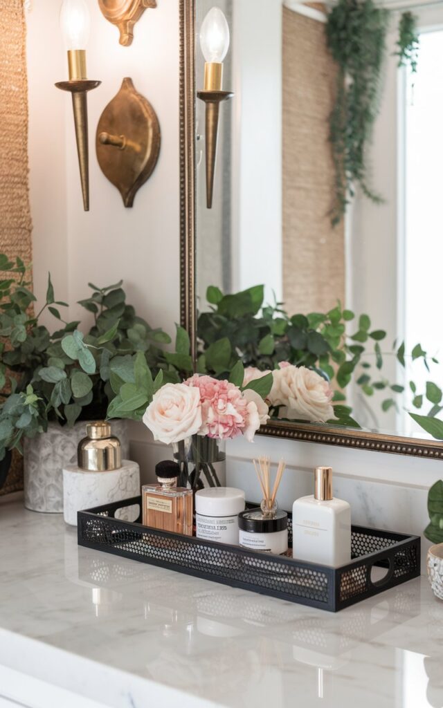 A photo of a glam and boho style bathroom vanity with a slim decorative tray holding everyday essentials like perfume bottles, skincare jars, and a small vase with fresh flowers. The counter is topped with white marble, reflecting soft light from brass wall sconces mounted beside a large ornate mirror. The surrounding décor includes woven textures, gold accents, and potted greenery, blending bohemian warmth with luxurious glam touches. The overall vibe is chic, inviting, and effortlessly styled.