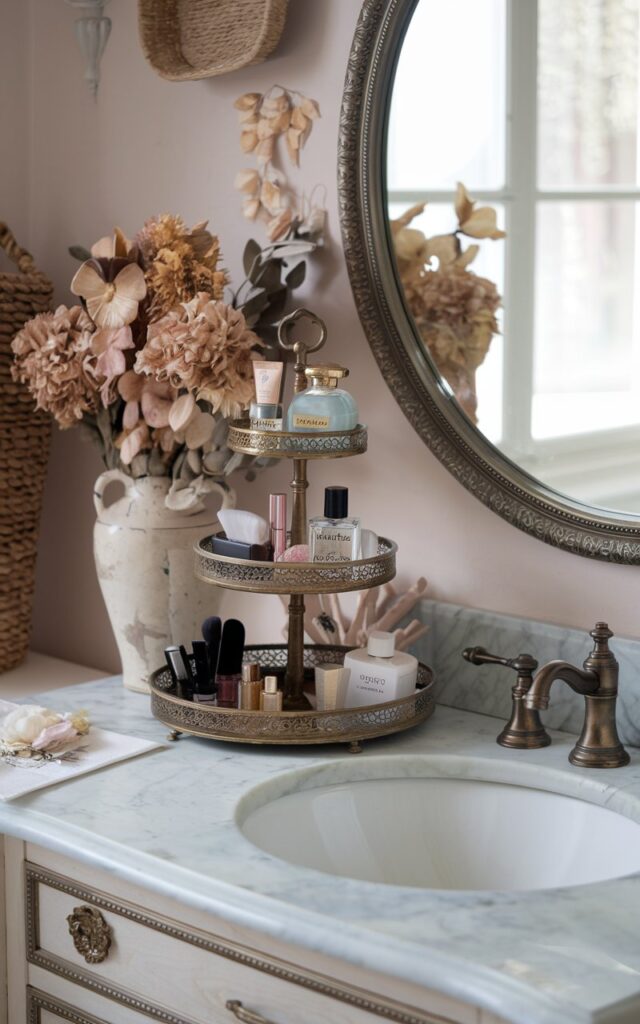 A photo of a bathroom with a vintage-inspired vanity, a marble countertop, a round ornate mirror, and soft brass fixtures. There is a 2-3 tiered tray on the countertop holding makeup essentials, perfumes, and small decorative items. The bathroom has a glam and cottagecore aesthetic, with dried flowers in a vase, woven baskets, and pastel-toned accents. The background contains a window with soft natural light.