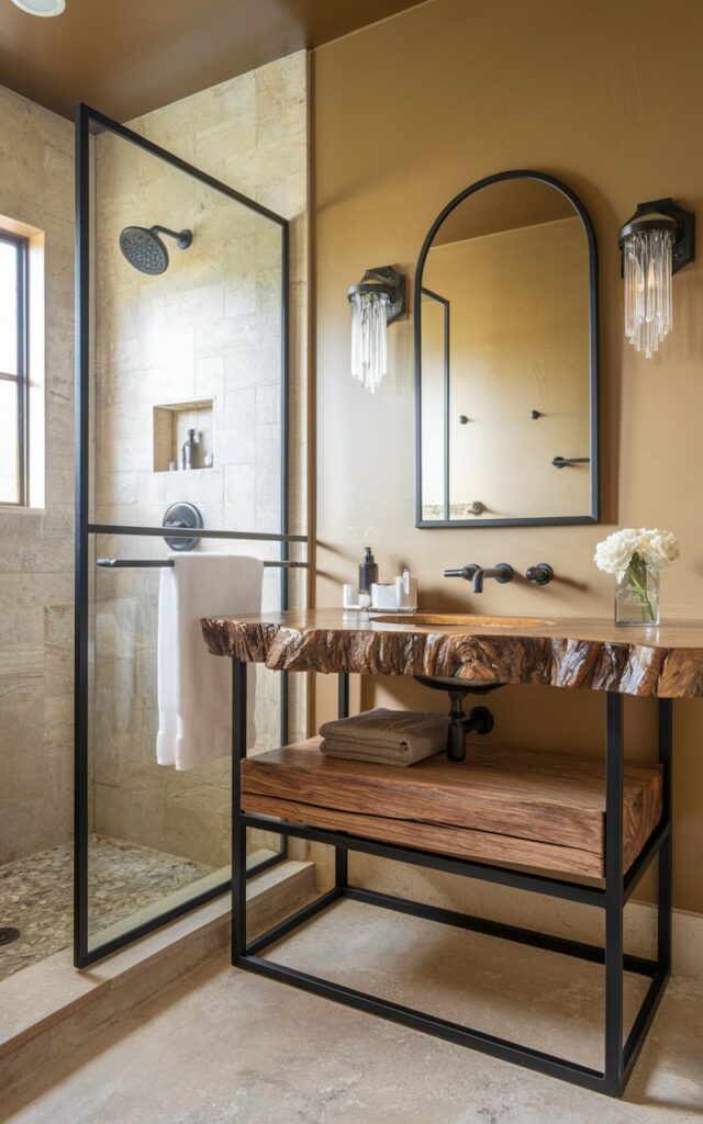 A photo of a glam-meets-rustic bathroom with warm beige walls and wood textures, elevated with bold black accents for a striking contrast. There's a sleek faucet, towel bar, and shower frame in matte black. There's a raw-edge wooden vanity with a black frame. Above the vanity, there's a black-framed arched mirror. There are crystal sconces that bring in a touch of sparkle. The mix of rugged materials and modern glam finishes creates a perfectly balanced space.