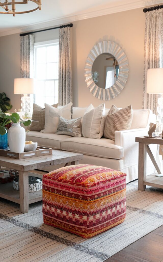A photo of a living room with a glam modern farmhouse style. There is a patterned bright ottoman placed in front of the sofa, serving as flexible seating or a footrest. The ottoman adds a vibrant pop of color and texture against the neutral farmhouse palette. The room includes a cozy sofa with layered cushions, a rustic wooden coffee table with essentials, metallic glam accents, a textured rug, and warm ambient lighting. The mix of rustic charm and glamorous touches creates a refreshed, stylish, and inviting atmosphere.