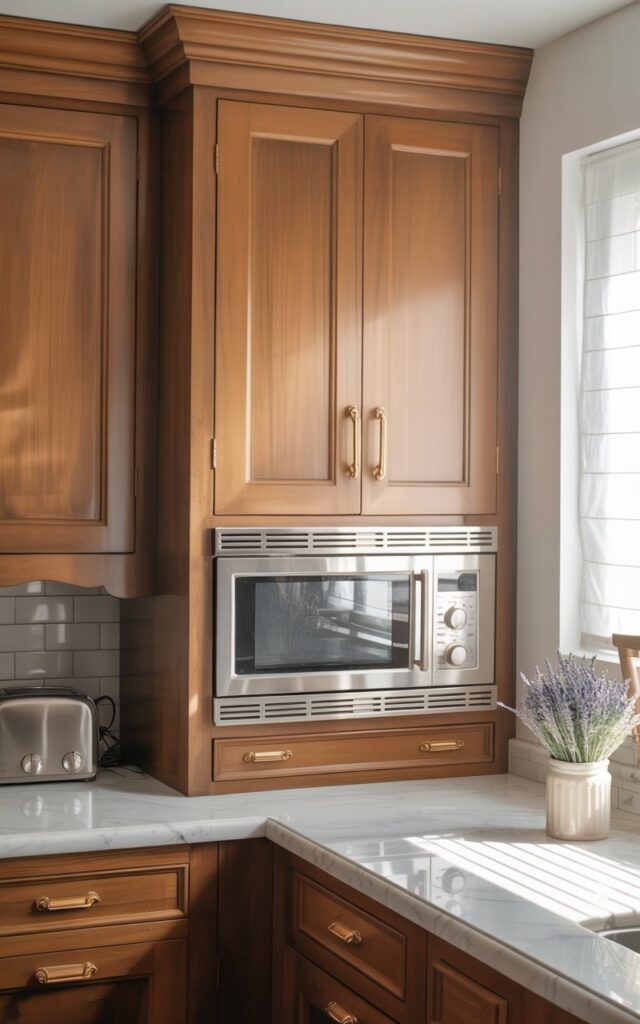 A photograph of a pristine, vintage-inspired kitchen showcasing seamlessly integrated built-in cabinetry. The warm, honey-toned wood cabinetry features brushed gold handles and discreetly conceals a stainless steel toaster and microwave, creating a sense of understated luxury. A close-up view reveals the intricate detailing of the cabinetry, paired with a gleaming white marble countertop and a delicate ceramic jar filled with lavender. Soft, diffused sunlight streams in through a nearby window, illuminating the space and highlighting the kitchen's elegant, timeless design.