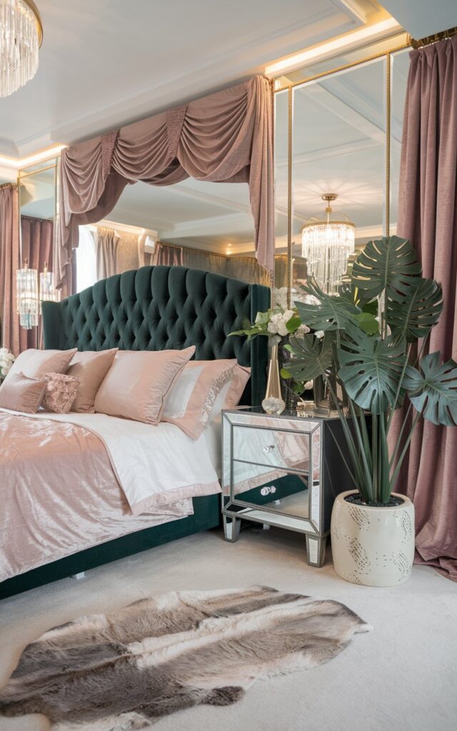 A photo of a Hollywood Glam bedroom with a plush king-sized bed, velvet drapes, a tufted upholstered headboard in blush or deep emerald, and mirrored nightstands. The room also features a tall, glossy monstera plant in a sleek white ceramic pot with gold detailing. Crystal accents, ambient lighting from a chandelier, and a faux fur rug add to the room's starlet-worthy elegance and natural flair.
