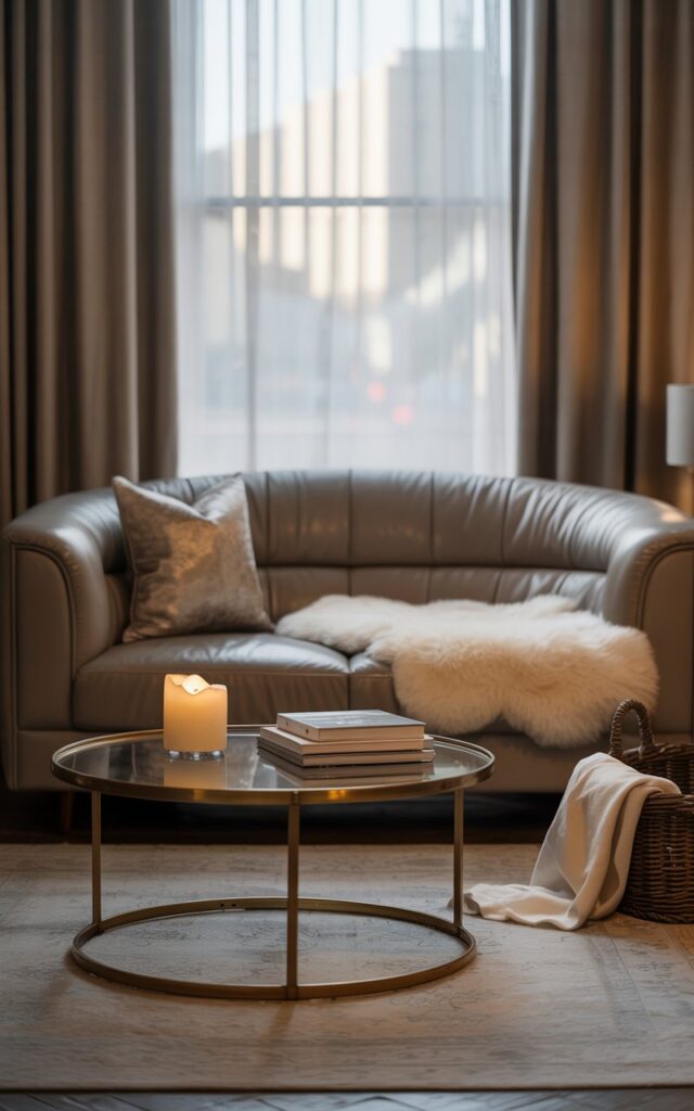 A photograph of a luxurious living room centered around a plush, dove-grey leather sofa adorned with a soft, white sheepskin throw. The sofa sits before a large, curtained window, gently diffusing natural light and revealing a blurred cityscape in the background. A gleaming gold and glass coffee table rests on a subtly shimmering area rug, holding a single, elegantly lit ivory candle and a stack of art books, while a woven basket nearby holds a folded cashmere blanket. Soft, warm lighting accentuates the textures of the room, creating a chic, layered, and inviting ambiance.