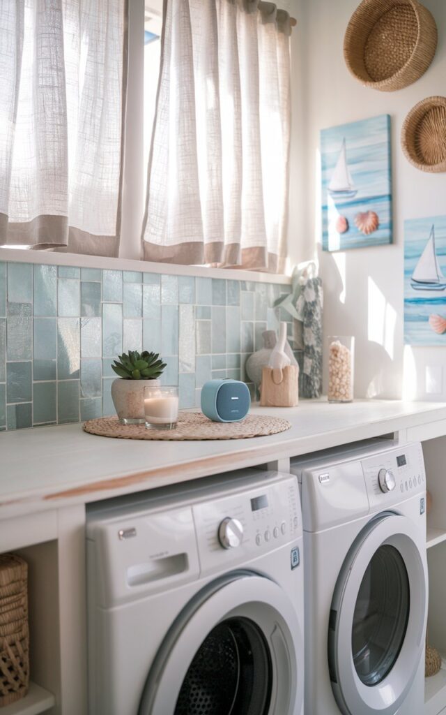 A photo of a light and breezy California coastal laundry room. There's a whitewashed wood counter above a pair of sleek white front-load washer and dryer units. On the counter, a small, modern Bluetooth speaker in ocean blue tone rests beside a potted succulent and a scented candle. Sunlight filters in through sheer linen curtains, reflecting off sea-glass-inspired tiles on the backsplash. Open rattan baskets, woven wall hangings, and coastal artwork with seashells and sailboats complete the scene. The speaker adds a relaxed, beachy vibe—perfect for playing calming playlists or energizing tunes during laundry time.