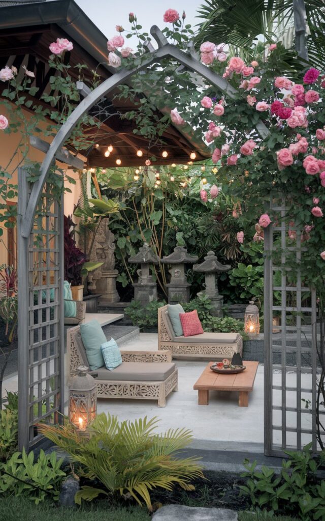 A photo of a lush Balinese backyard attached to a traditional-style house. There is an elegant arched wooden trellis covered in vibrant climbing roses in full bloom. Beyond the trellis lies a spacious patio furnished with carved teak lounge chairs, tropical cushions, and a low wooden coffee table. Traditional Balinese stone statues and lanterns decorate the space, surrounded by dense greenery and tropical plants. Dawn time, string lights in the patio are lit-up.